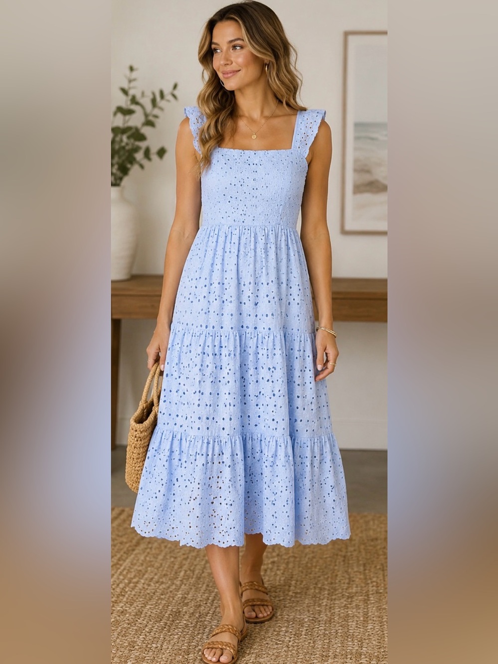 666 Blueberi Boulevard Light Blue Eyelet Cotton Midi Dress Size Medium